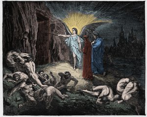 Inferno, Canto 9: Engelen åpner portene, illustrasjon fra The Divine Comedy av Dante Alighieri, 1885 (digitalt farget gravering)